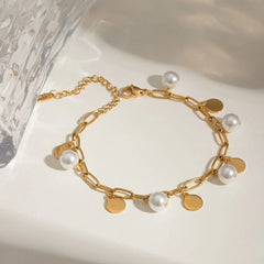 Gold Chain Bracelet with Pearls and Disc Charms – Elegant, Adjustable Jewelry - DZOIR