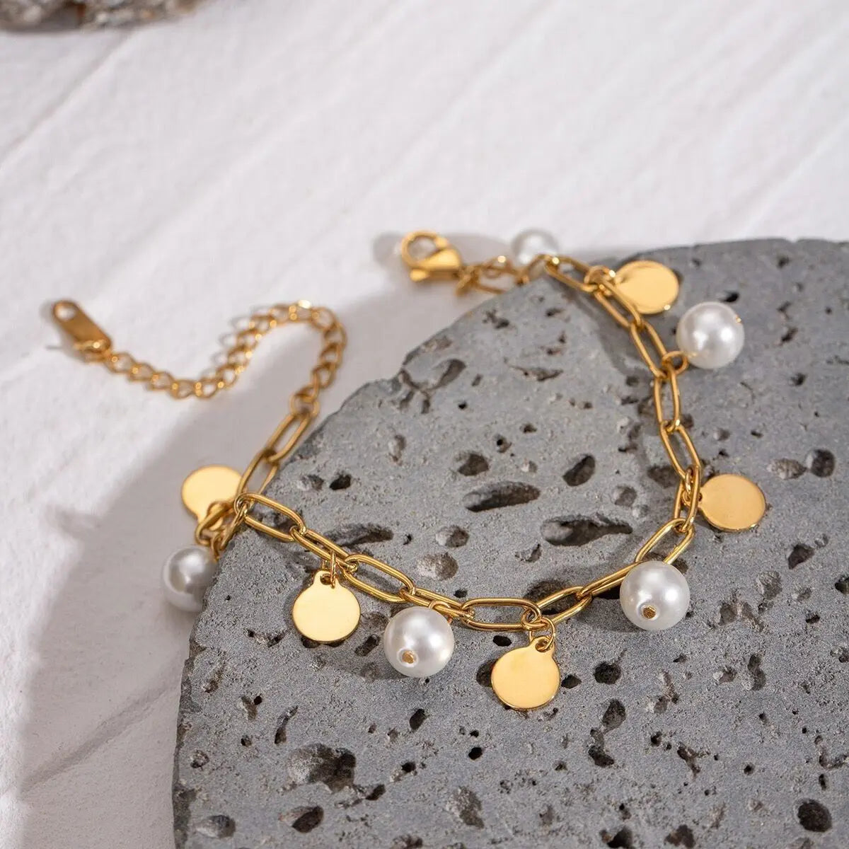 Gold Chain Bracelet with Pearls and Disc Charms – Elegant, Adjustable Jewelry - DZOIR
