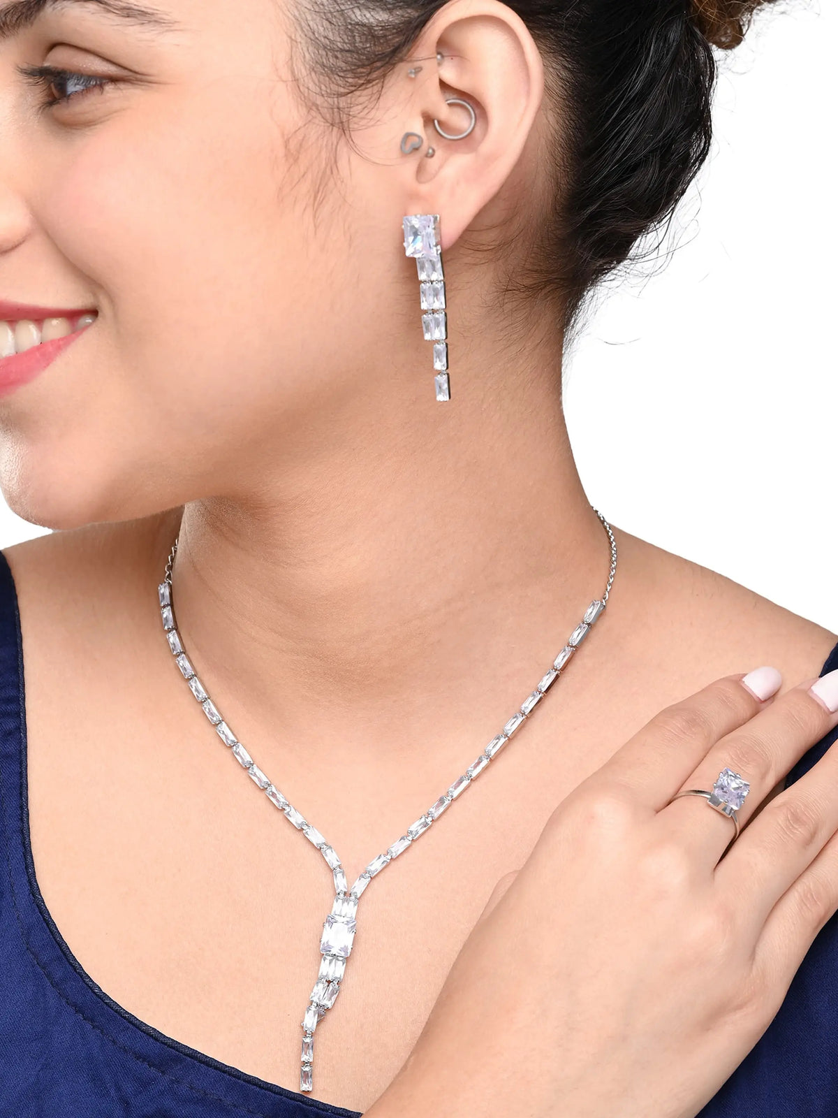 Silver-Plated CZ Necklace Set with Earrings & Ring | Elegant White Stone Jewellery for Women - DZOIR