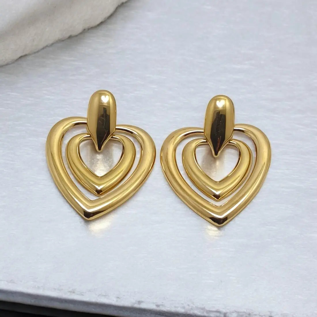 Gold Plated Double Heart Statement Earrings – Trendy Women’s Jewelry for Parties & Gifting - DZOIR
