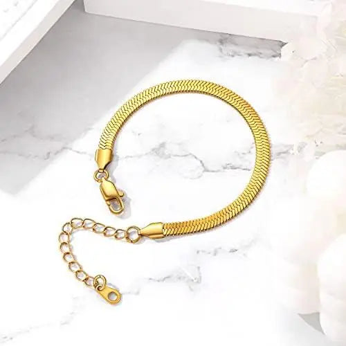 Gold Plated Herringbone Chain Bracelet for Women – Elegant Adjustable Bracelet for Daily & Party Wear - DZOIR