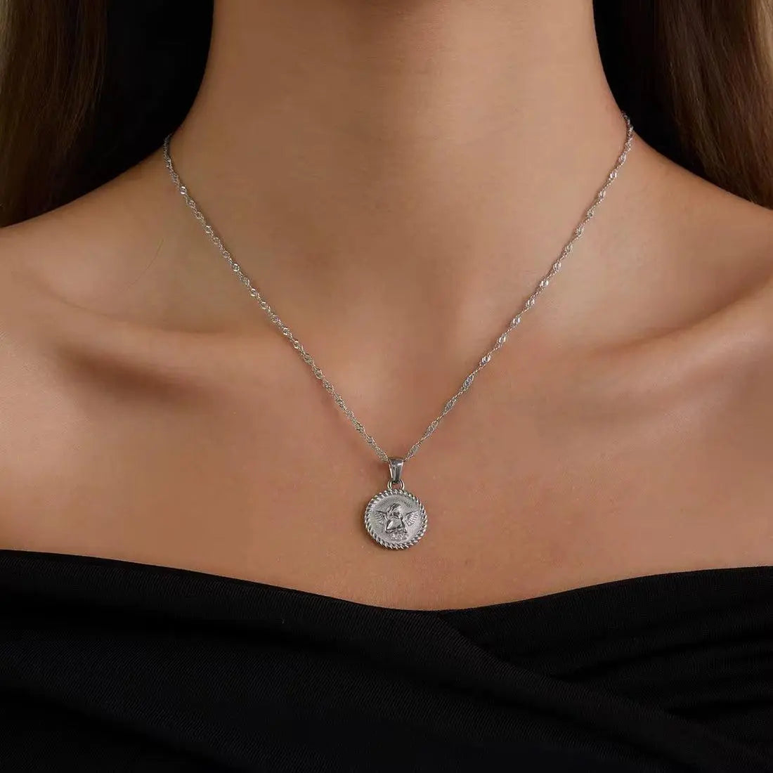 Silver Angel Pendant Necklace for Women – Stainless Steel Rope Chain - DZOIR