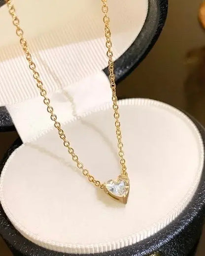 Elegant Solitaire Heart Necklace for Women – Gold Plated Chain with CZ Stone - DZOIR