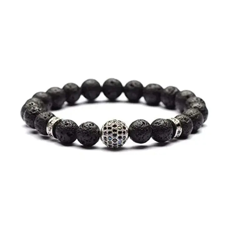 Men's Lava Stone Beaded Bracelet with Rhinestone Center - BELARIC