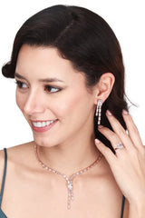 DZOIR Rhinestone Jewellery Set for Women | Necklace and Earrings with Finger Rings | Gold Plated, Rose Gold Jewellery Set | AD Necklace Set (Rose Gold) - DZOIR