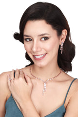 DZOIR Rhinestone Jewellery Set for Women | Necklace and Earrings with Finger Rings | Gold Plated, Rose Gold Jewellery Set | AD Necklace Set (Rose Gold) - DZOIR