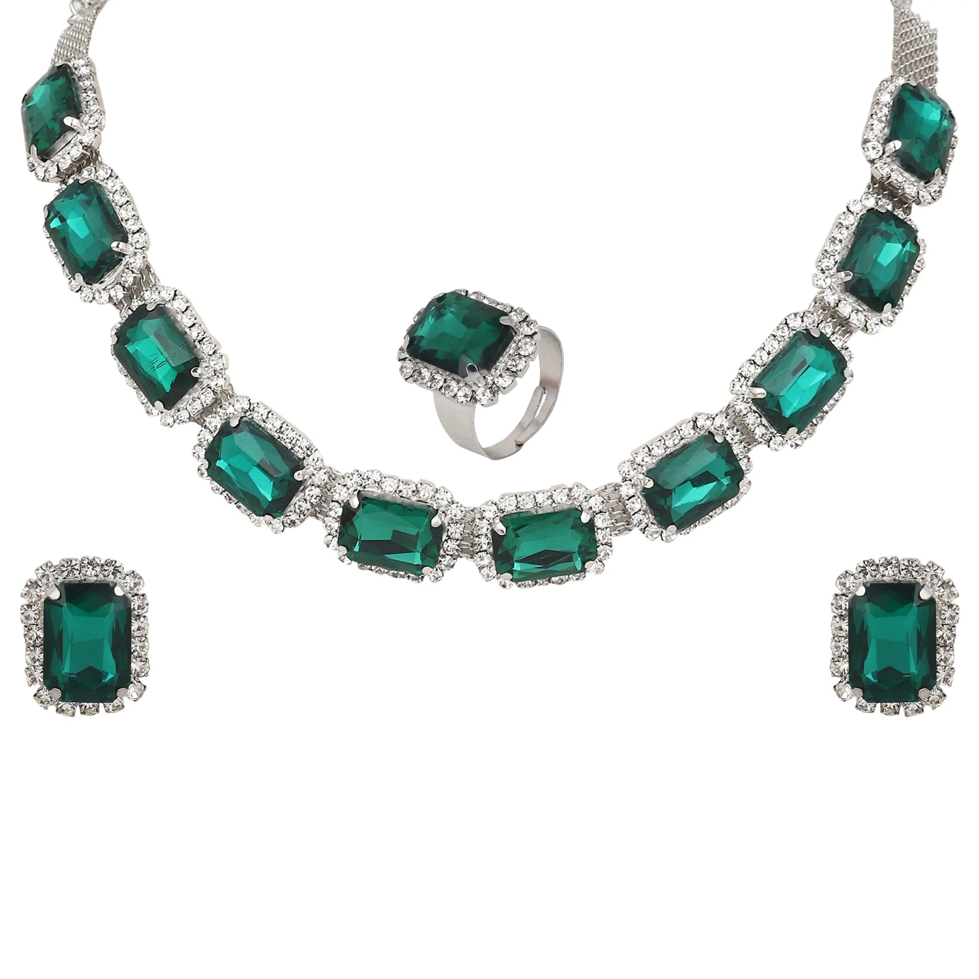 BELARIC Emerald Green Stone Necklace Set with Earrings & Ring | American Diamond Choker Jewelry Set for Women - BELARIC