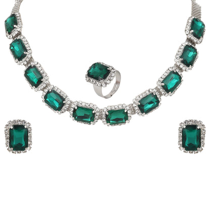 BELARIC Emerald Green Stone Necklace Set with Earrings & Ring | American Diamond Choker Jewelry Set for Women - BELARIC
