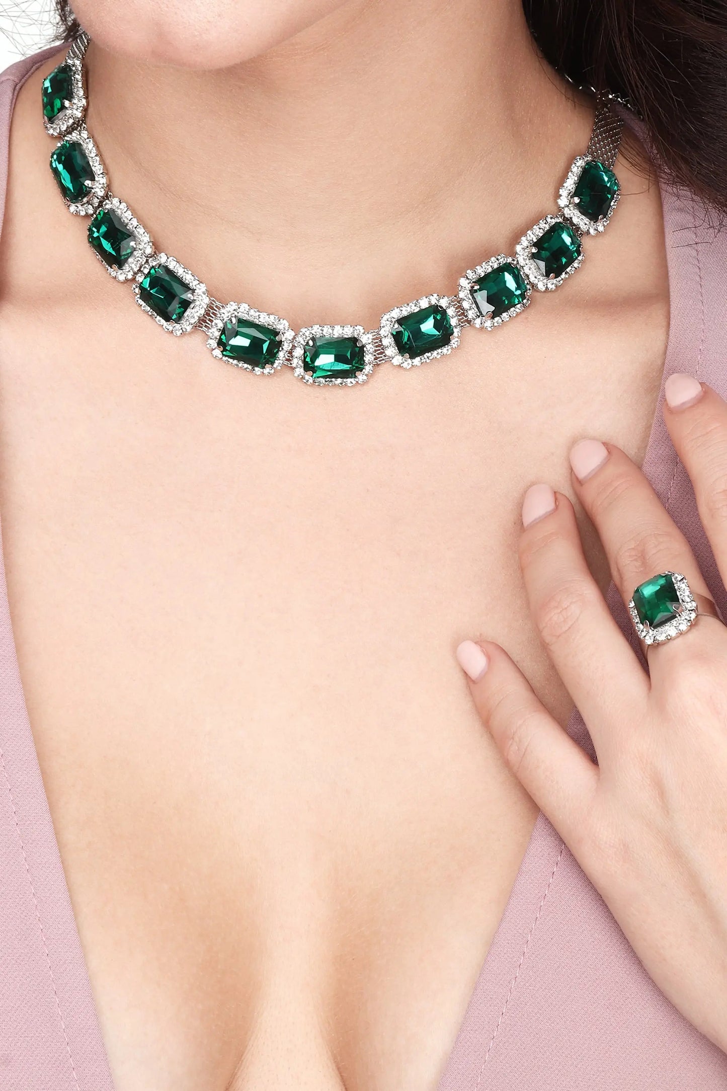 BELARIC Emerald Green Stone Necklace Set with Earrings & Ring | American Diamond Choker Jewelry Set for Women - BELARIC