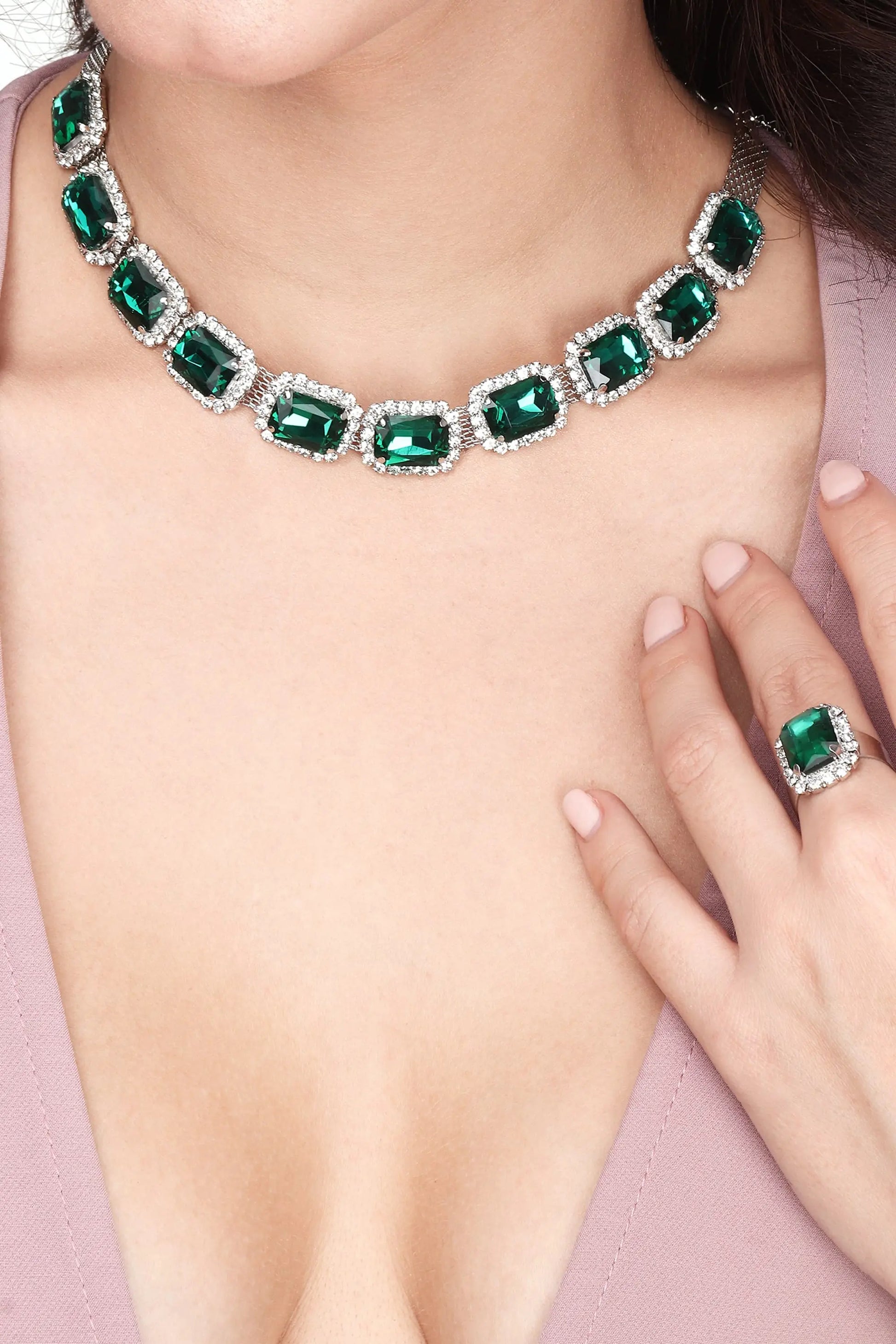 BELARIC Emerald Green Stone Necklace Set with Earrings & Ring | American Diamond Choker Jewelry Set for Women - BELARIC
