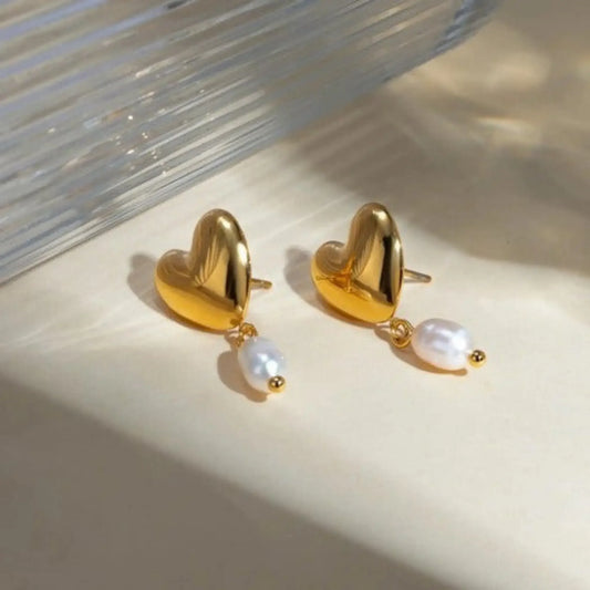 Gold Heart Pearl Drop Earrings for Women – Elegant Love-Inspired Jewelry, Minimalist Chic Dangle Earrings - BELARIC