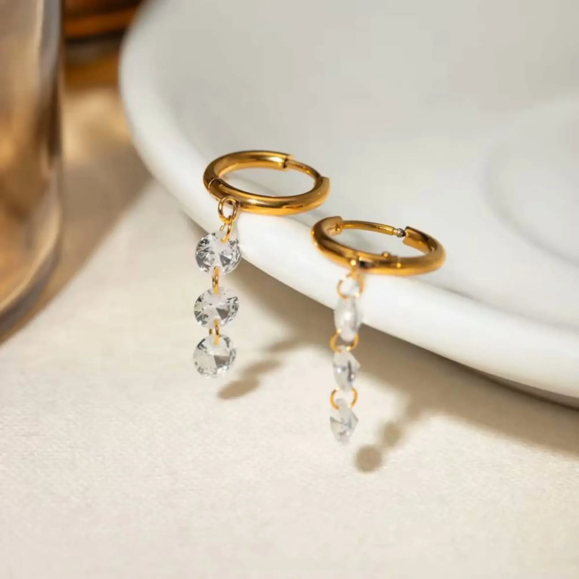 Gold Huggie Hoop Earrings with Dangling Zircon Stones – Elegant Minimalist Jewellery - BELARIC