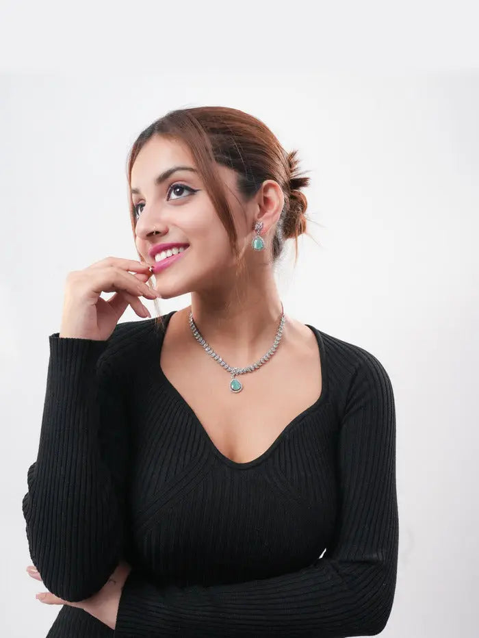 Aqua Blue Stone CZ Necklace Set | Silver Plated Party Wear Jewellery with Earrings - DZOIR