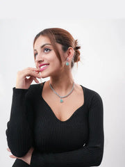 Aqua Blue Stone CZ Necklace Set | Silver Plated Party Wear Jewellery with Earrings - DZOIR
