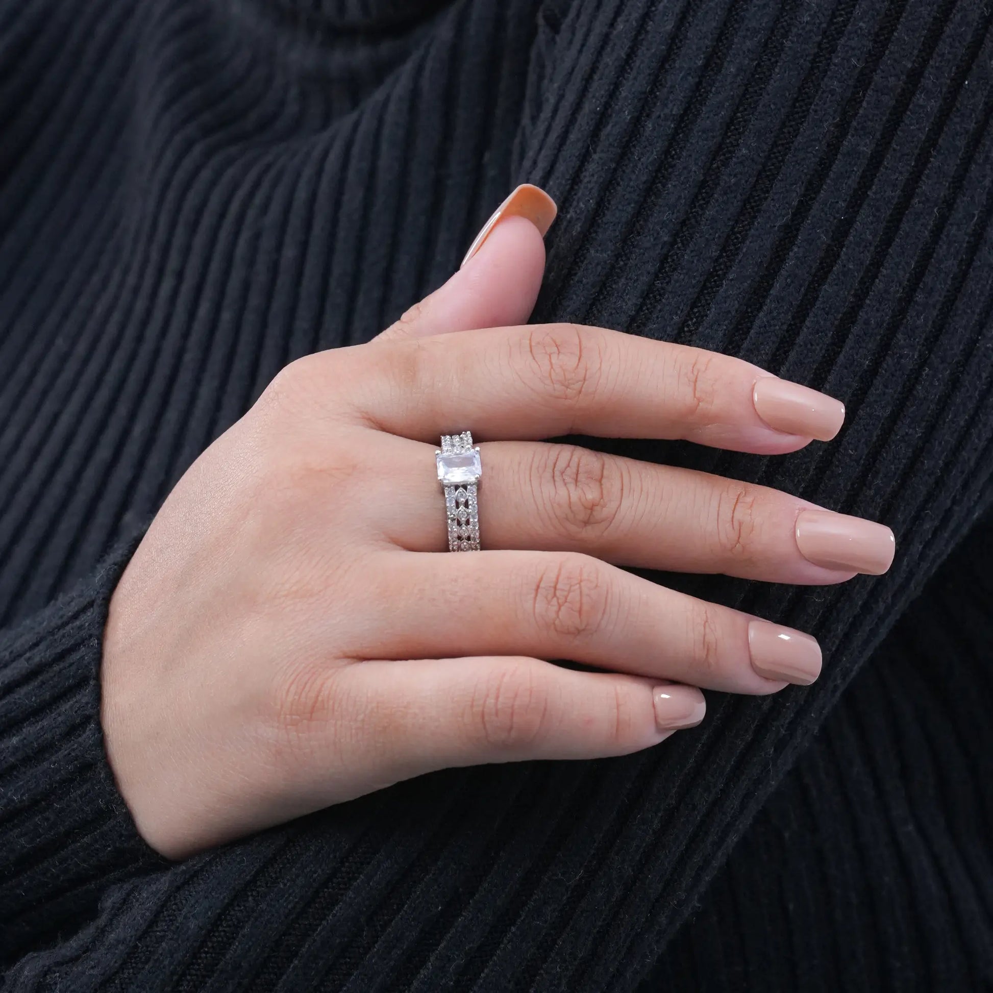 Luxury White Princess-Cut Engagement Ring – Silver-Tone Pavé Band with Sparkling Accents - BELARIC