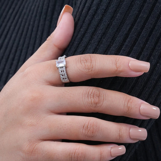 Luxury White Princess-Cut Engagement Ring – Silver-Tone Pavé Band with Sparkling Accents - BELARIC