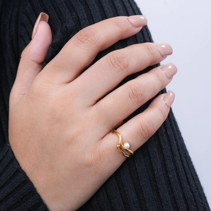 Minimal Gold Pearl Open Ring | Adjustable Designer Statement Ring for Women - BELARIC