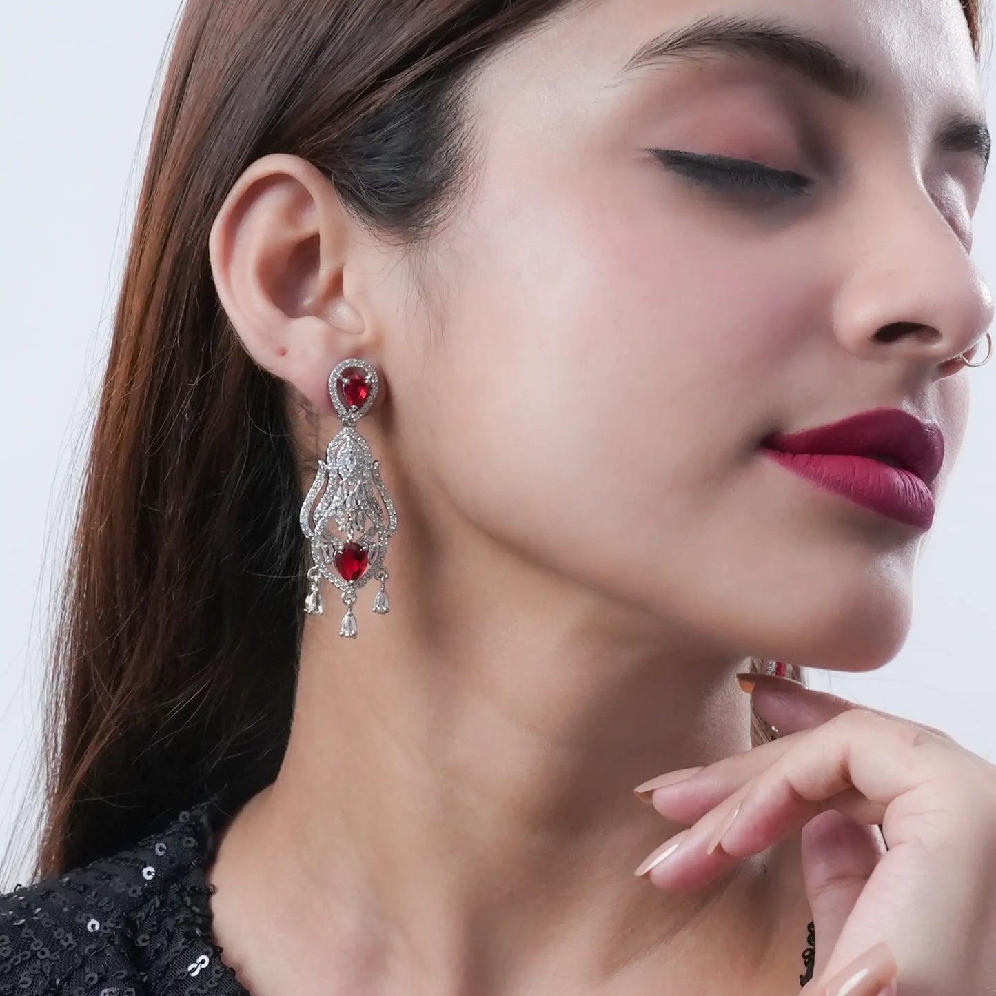 Red Stone Drop CZ Diamonds Earrings | Elegant Bridal & Party Wear Jewellery - BELARIC