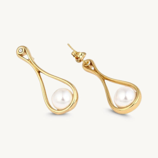 Gold Teardrop Pearl Earrings | Elegant Drop Earrings for Women with Minimal Design - BELARIC