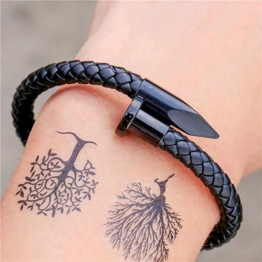 Men’s Black Leather Nail Bracelet – Bold & Stylish Bangle - BELARIC