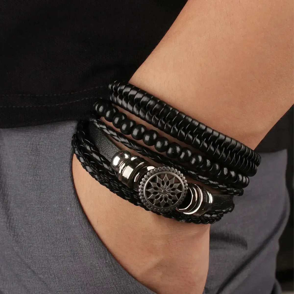 Bohemian Multi-Layer Black Leather Bracelet – Vintage Beaded Wrap Cuff - BELARIC