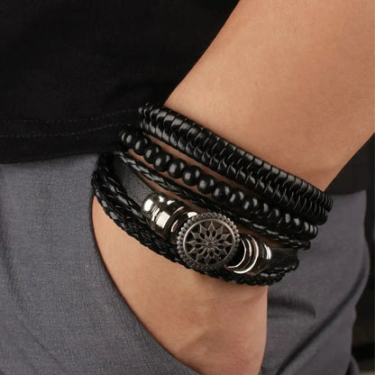 Bohemian Multi-Layer Black Leather Bracelet – Vintage Beaded Wrap Cuff - BELARIC