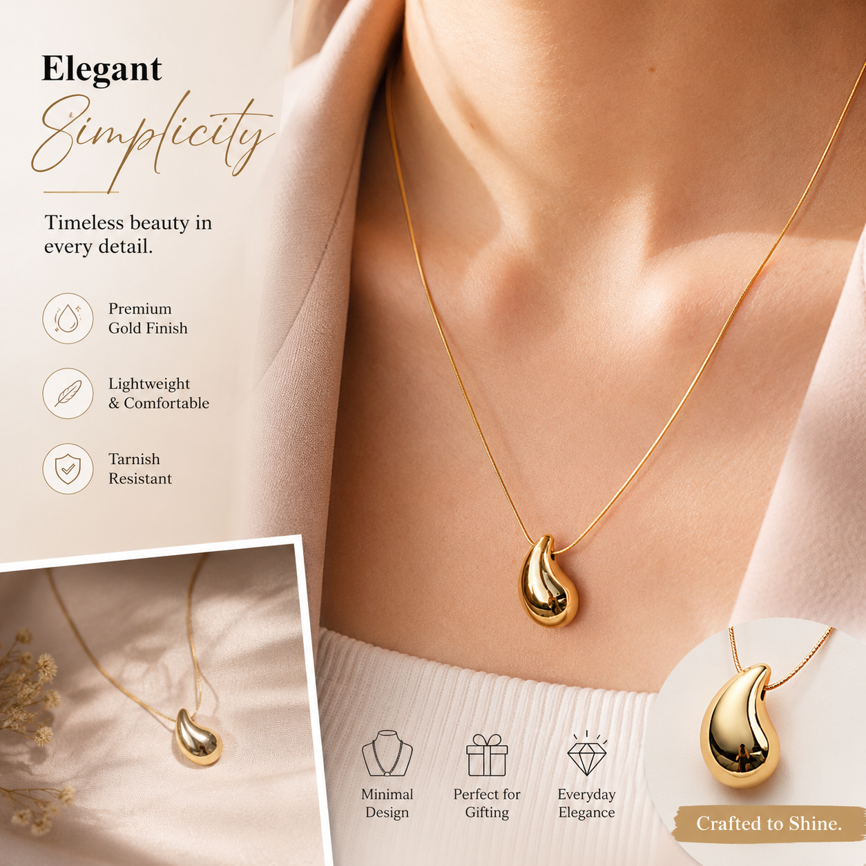 Gold Teardrop Pendant Necklace