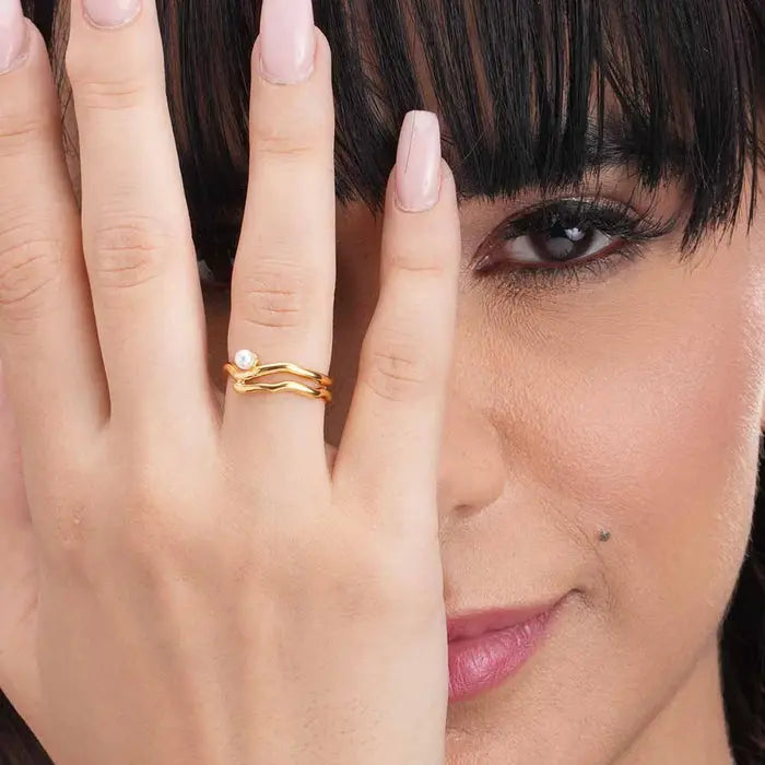 Minimal Gold Pearl Open Ring | Adjustable Designer Statement Ring for Women - DZOIR