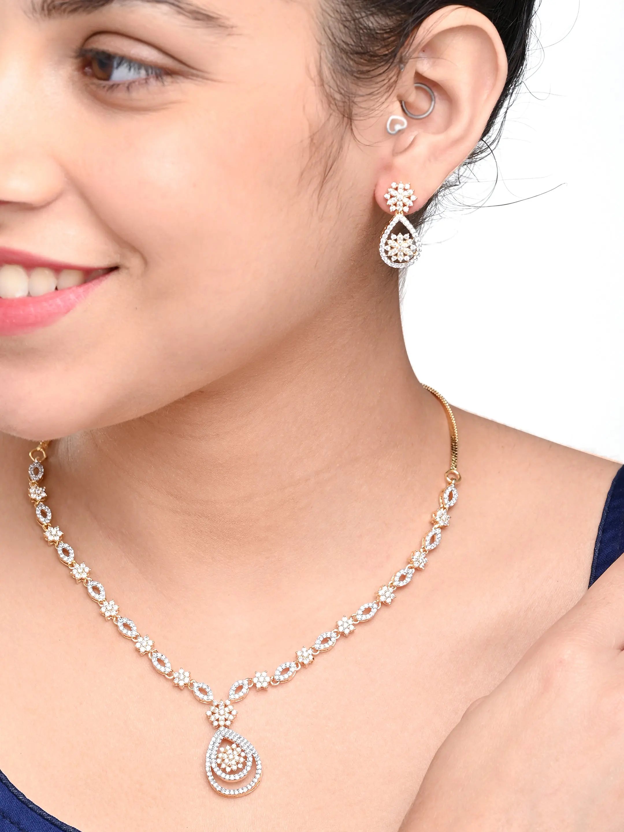 Gold-Plated American Diamond Necklace Set with Earrings for Women & Girls - DZOIR