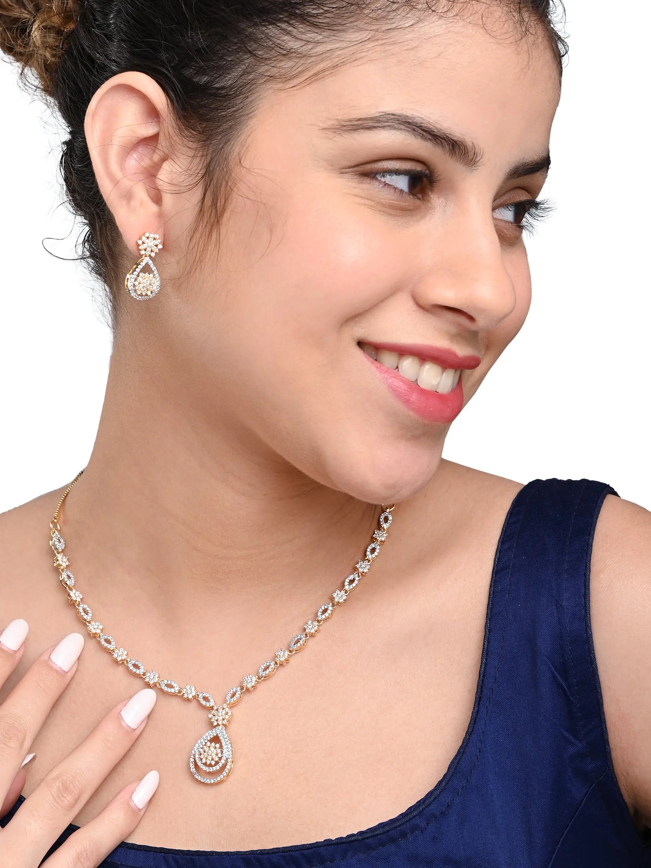 Gold-Plated American Diamond Necklace Set with Earrings for Women & Girls - DZOIR