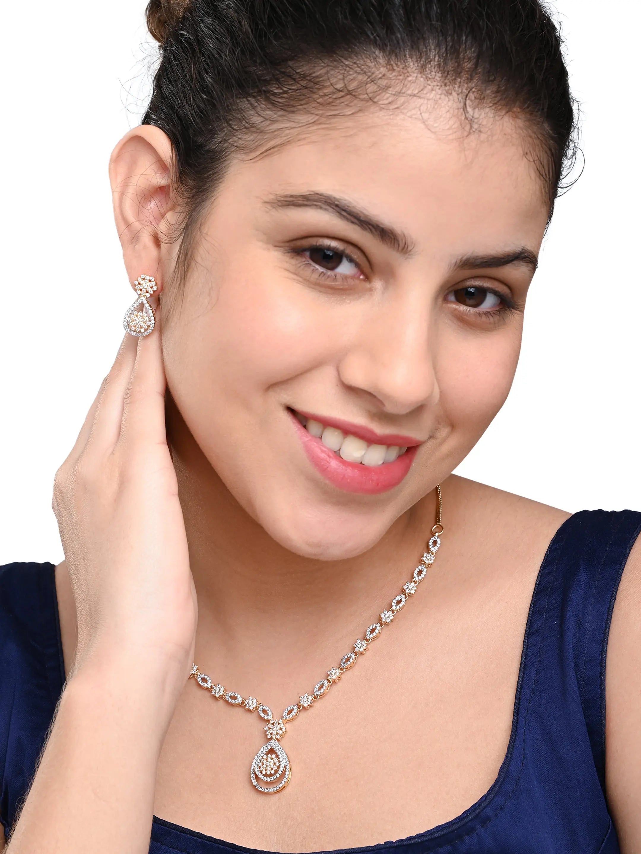 Gold-Plated American Diamond Necklace Set with Earrings for Women & Girls - DZOIR