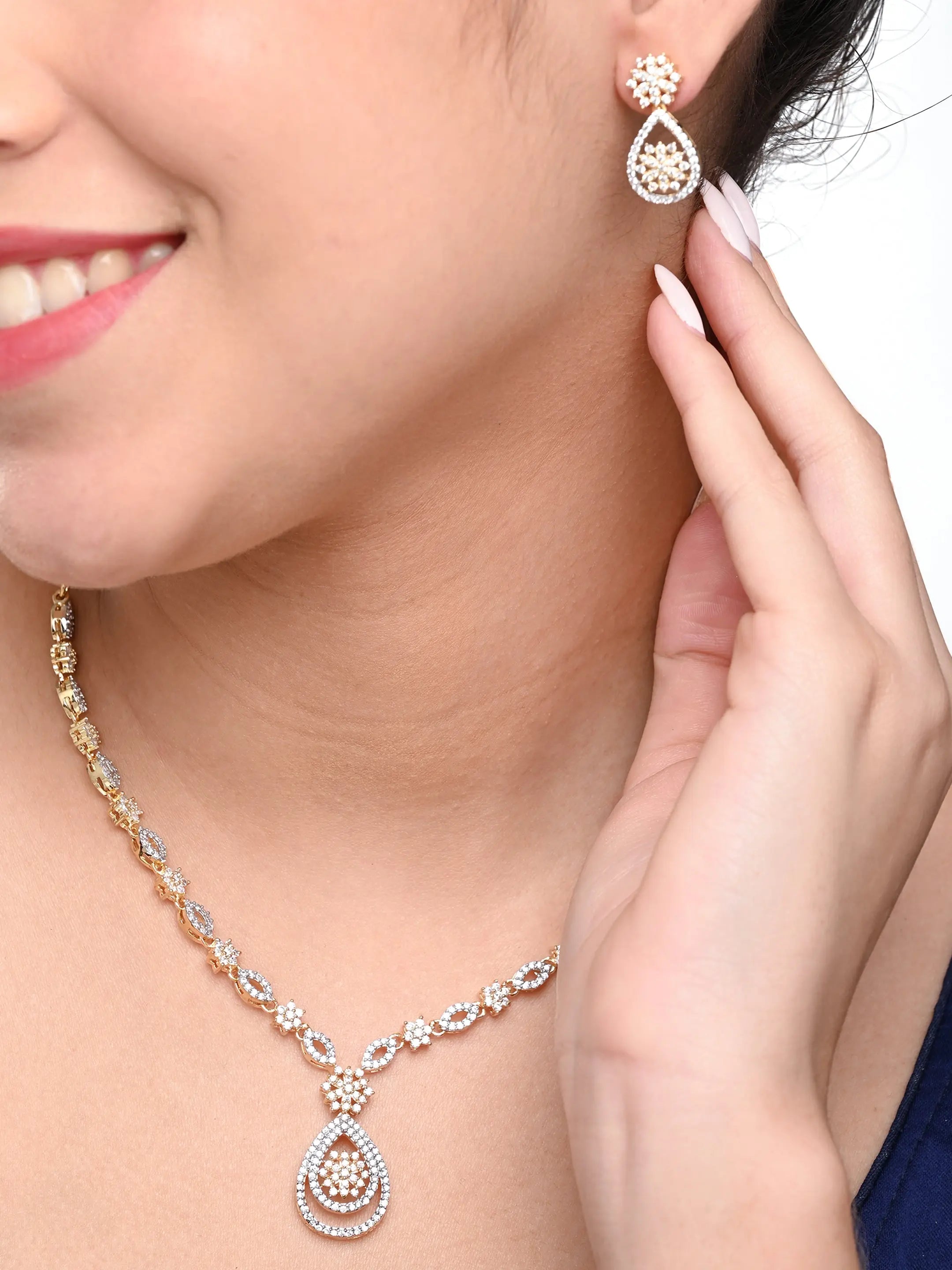 Gold-Plated American Diamond Necklace Set with Earrings for Women & Girls - DZOIR