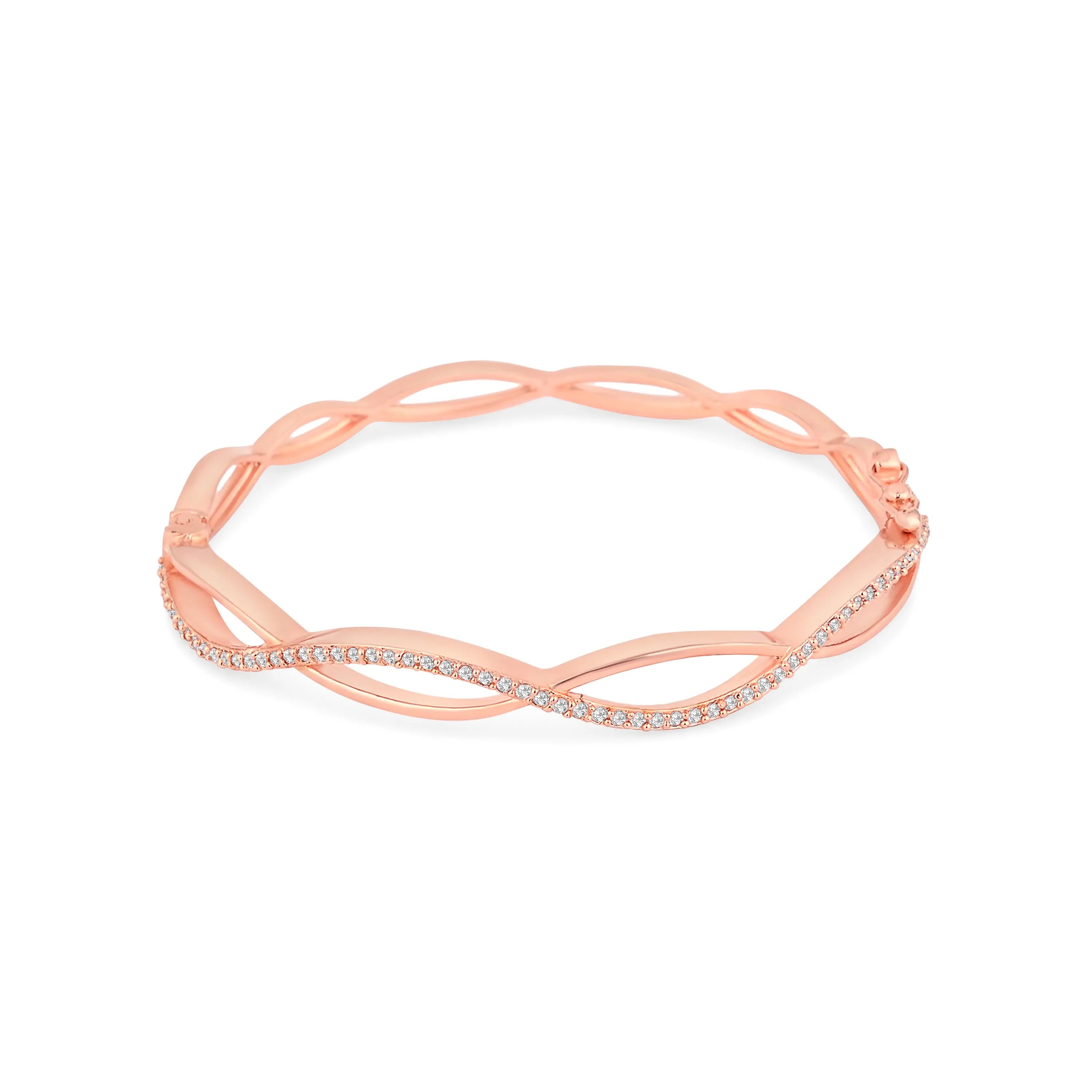 Rose Gold Plated Twisted Infinity Bangle with Sparkling Zircon Stones - DZOIR