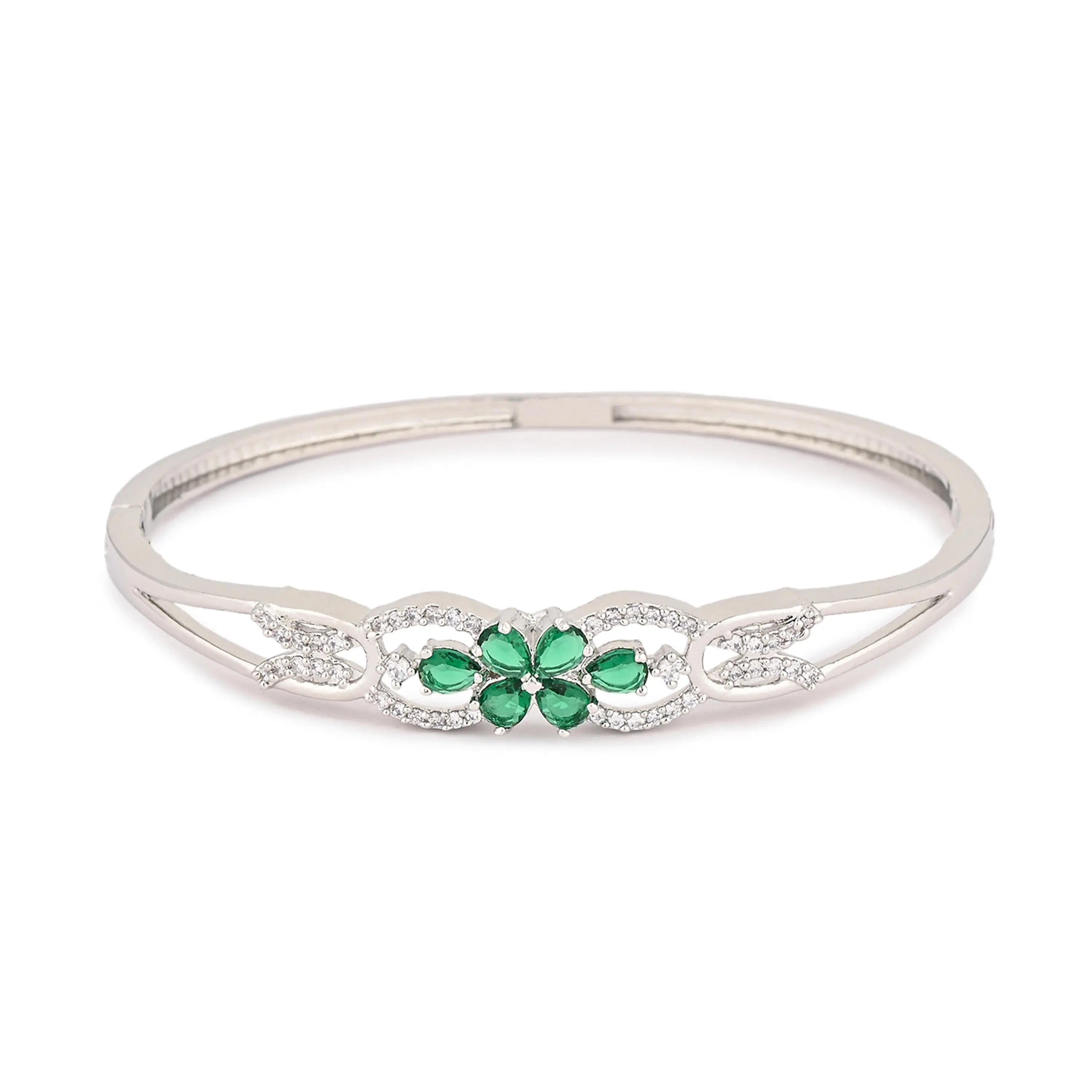 Elegant Silver-Plated Bracelet with Green Zircon Floral Design – Women’s Jewellery - DZOIR
