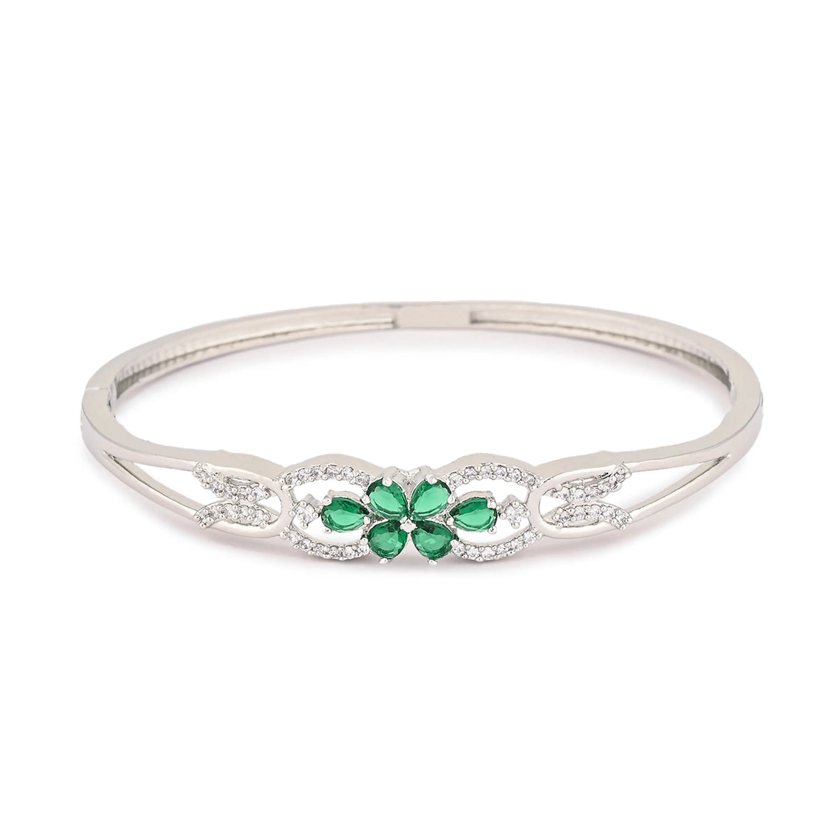 Elegant Silver-Plated Bracelet with Green Zircon Floral Design – Women’s Jewellery - DZOIR
