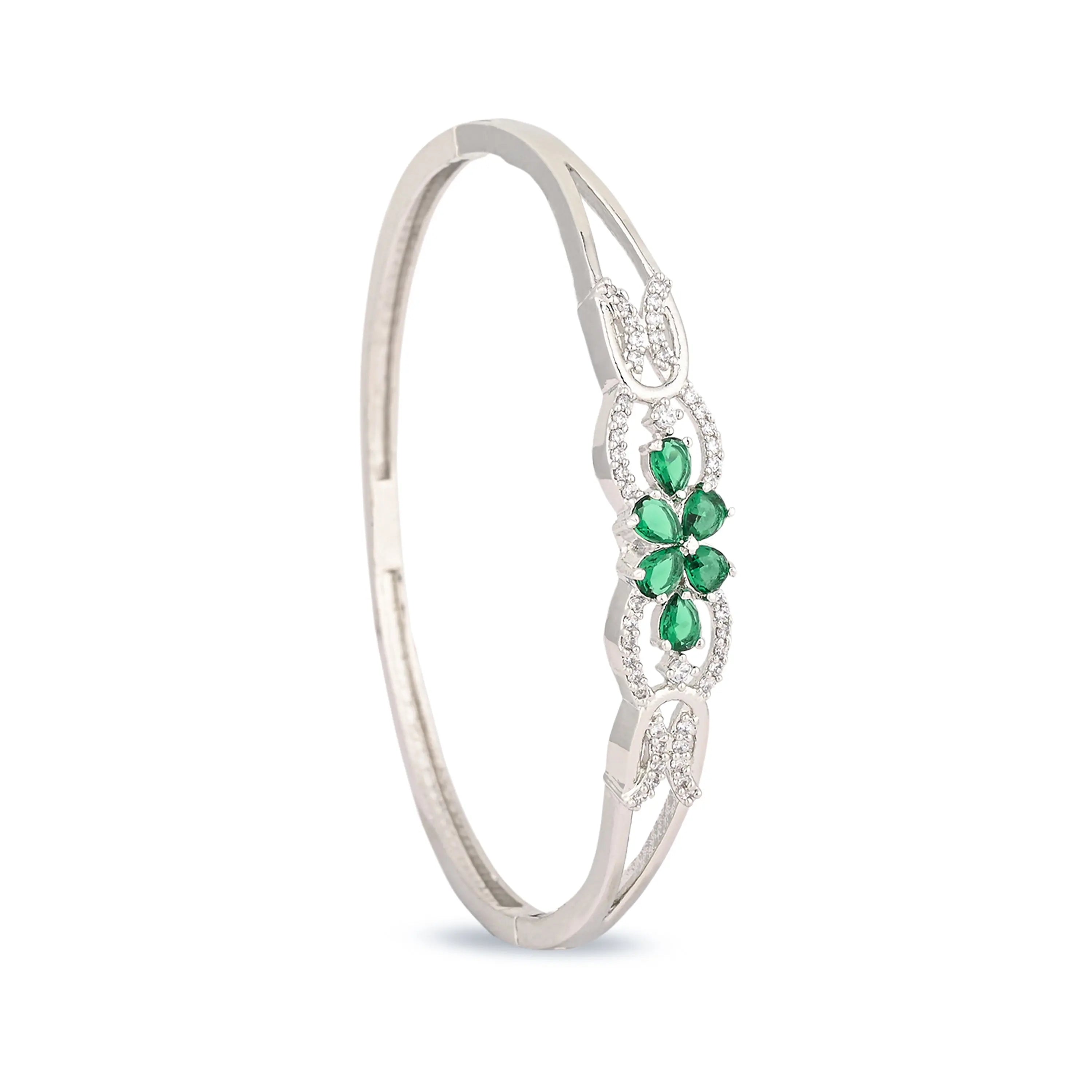 Elegant Silver-Plated Bracelet with Green Zircon Floral Design – Women’s Jewellery - DZOIR