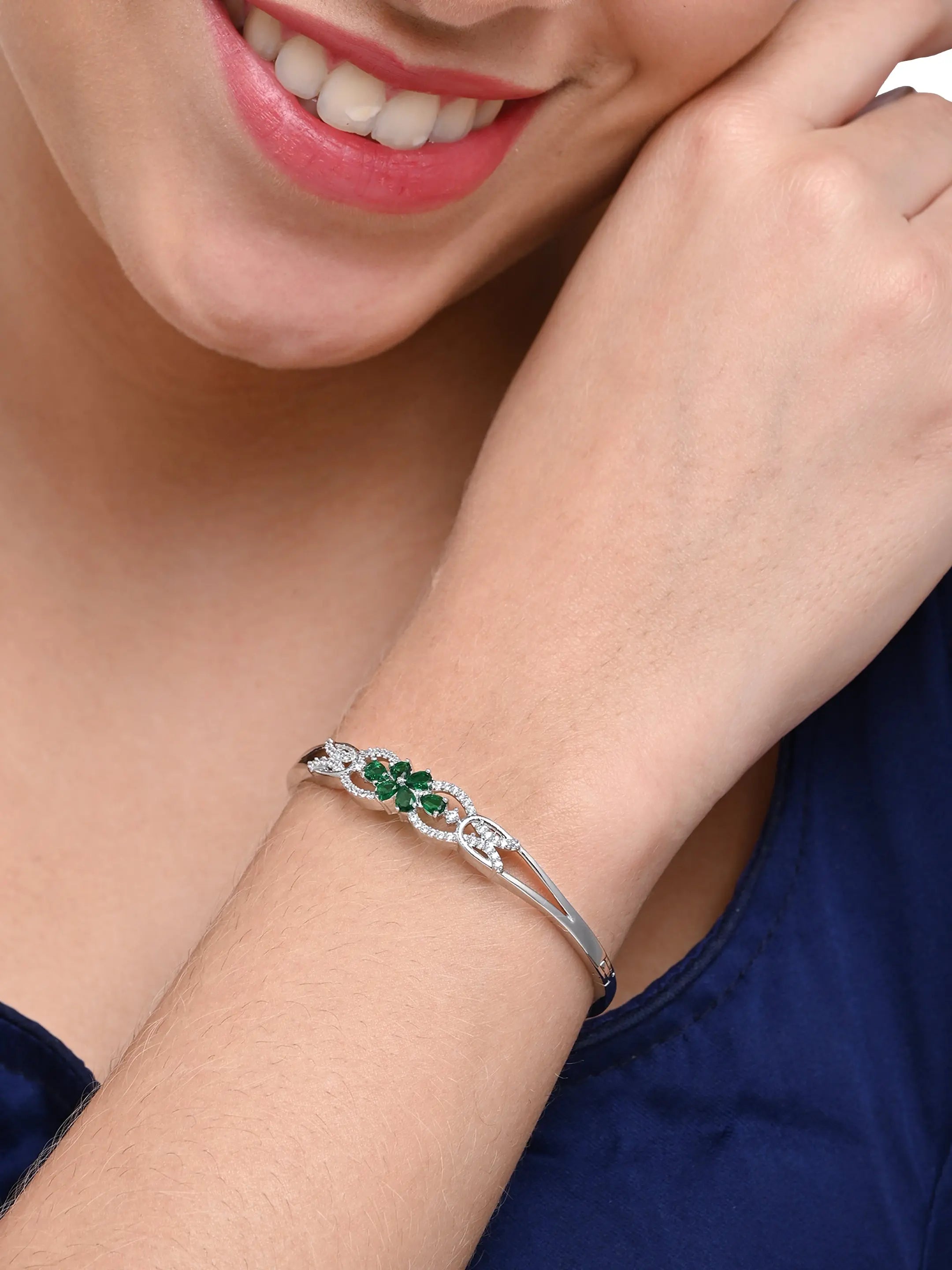 Elegant Silver-Plated Bracelet with Green Zircon Floral Design – Women’s Jewellery - DZOIR