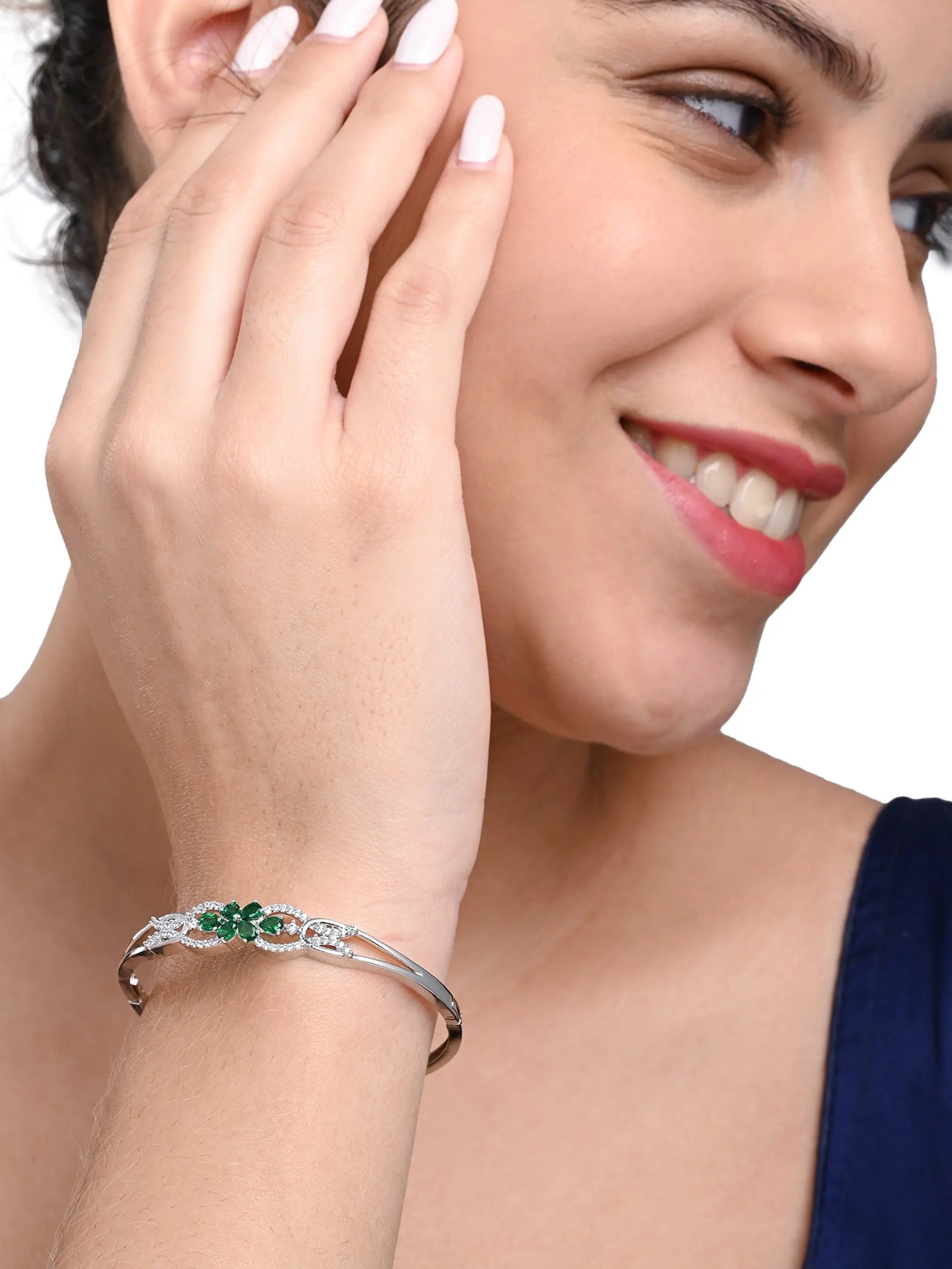 Elegant Silver-Plated Bracelet with Green Zircon Floral Design – Women’s Jewellery - DZOIR