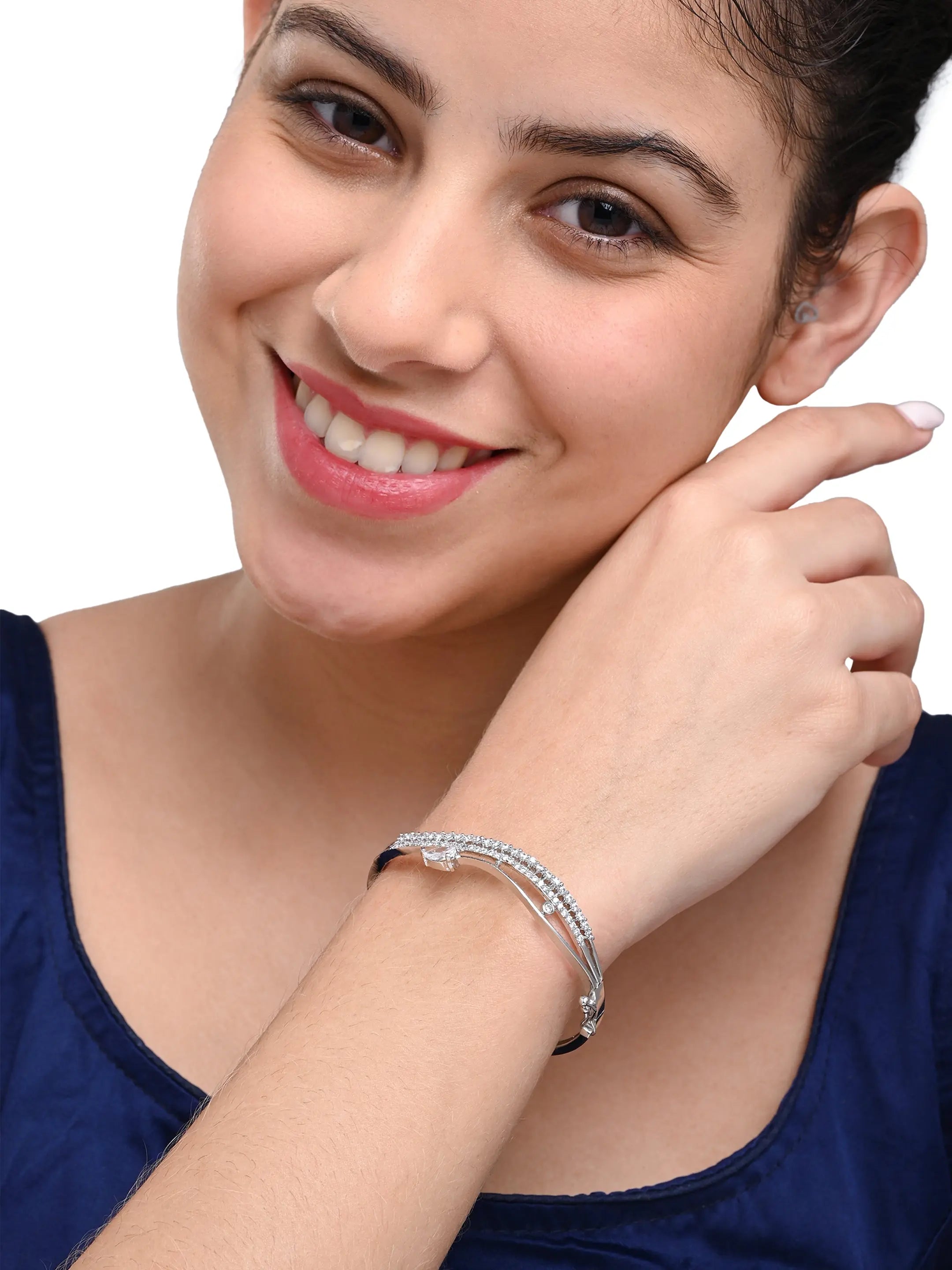 Stylish Silver-Plated Bangle with White Crystal Accents – Women’s Jewellery - DZOIR