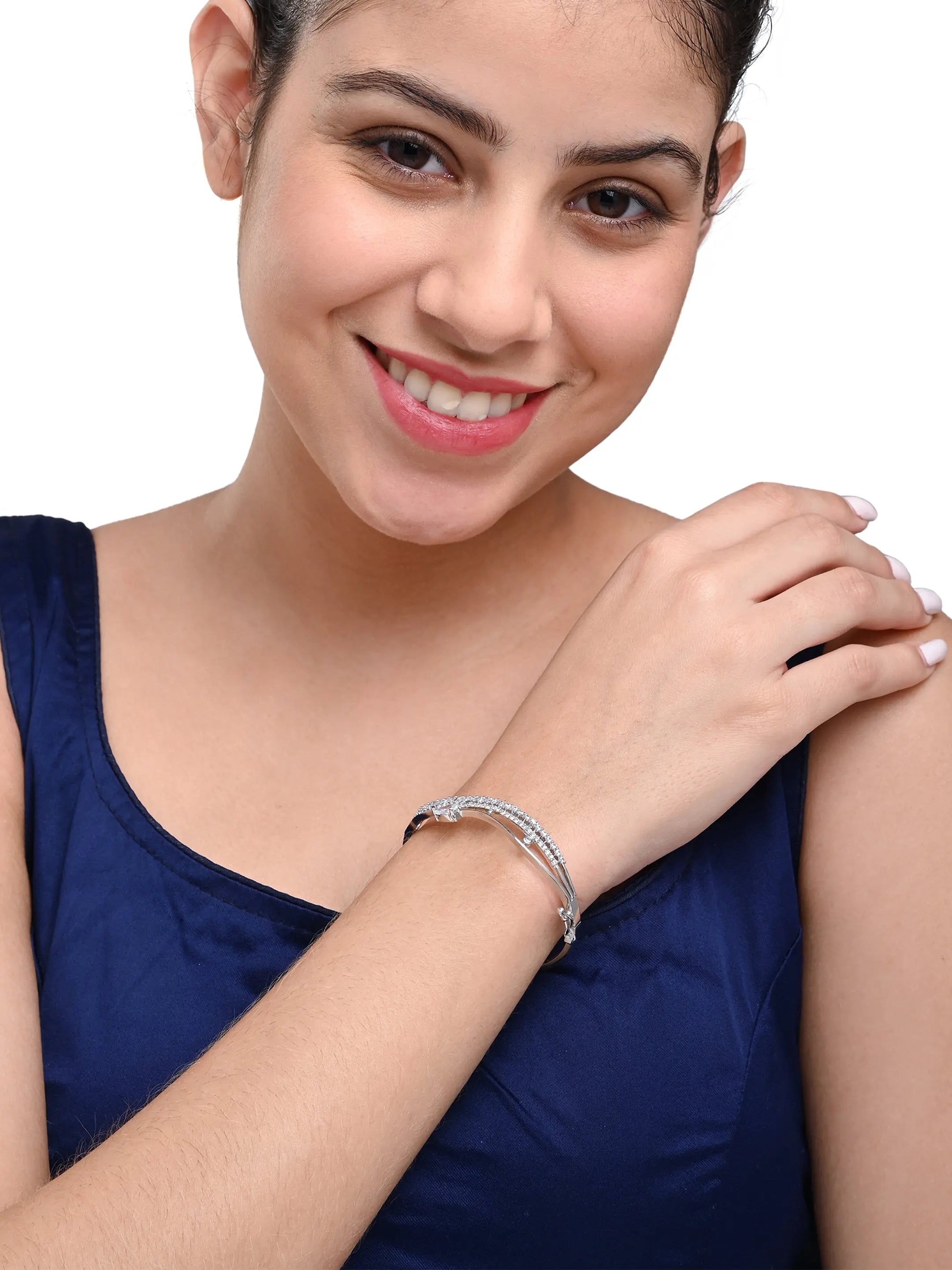 Stylish Silver-Plated Bangle with White Crystal Accents – Women’s Jewellery - DZOIR