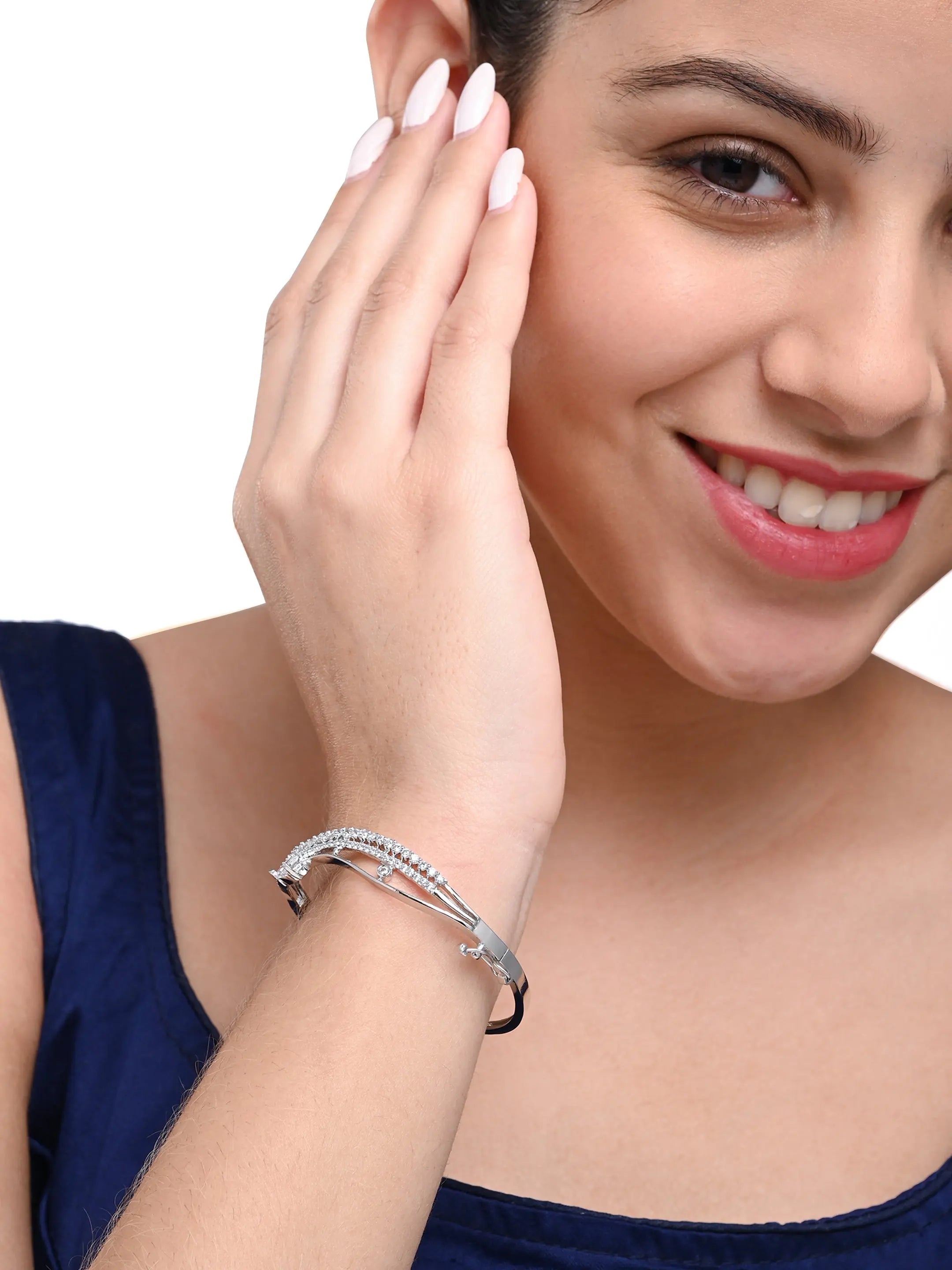 Stylish Silver-Plated Bangle with White Crystal Accents – Women’s Jewellery - DZOIR