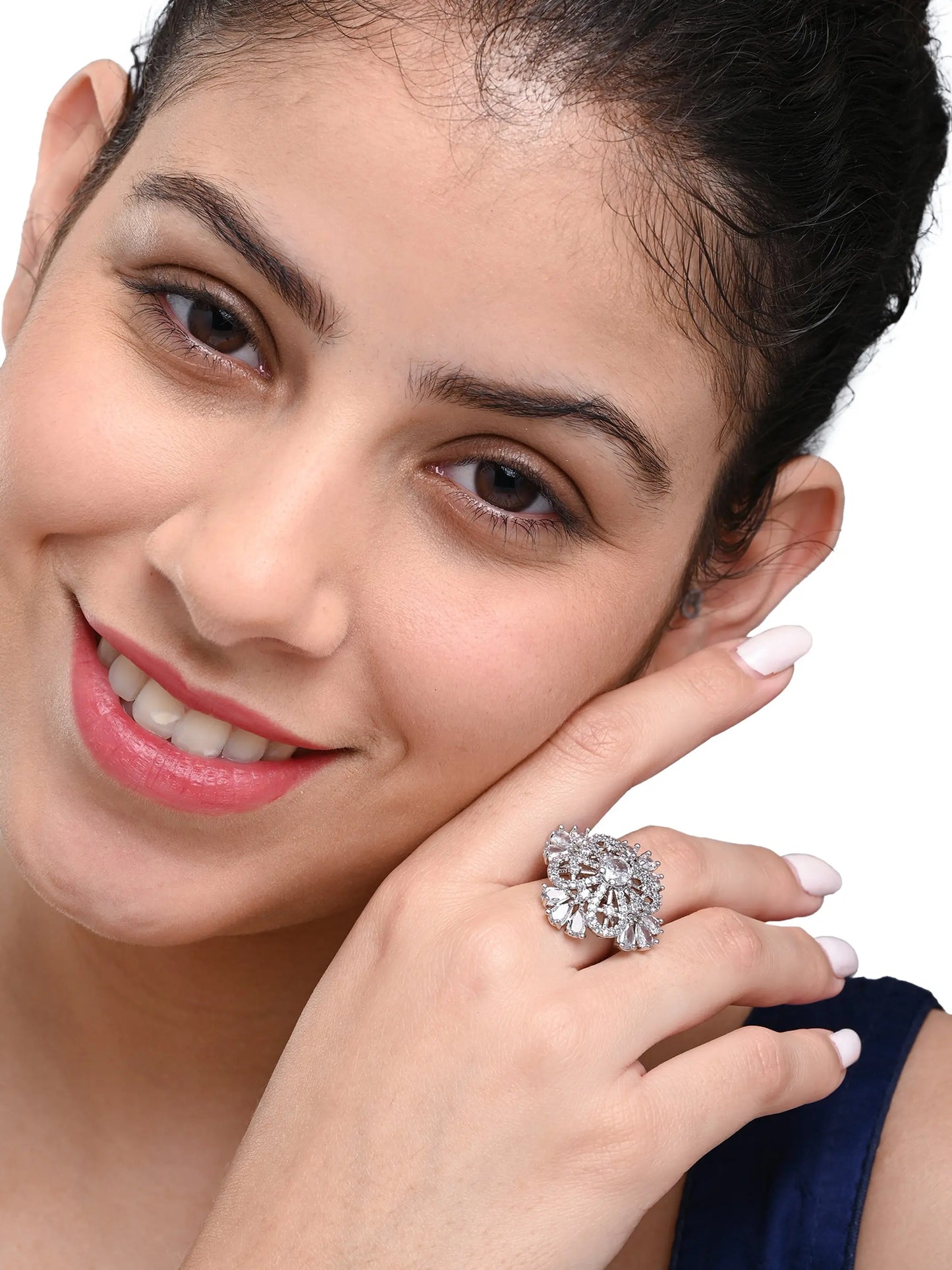 Royal Crystal Studded Floral Ring – Elegant Silver-Tone Finger Ring - DZOIR