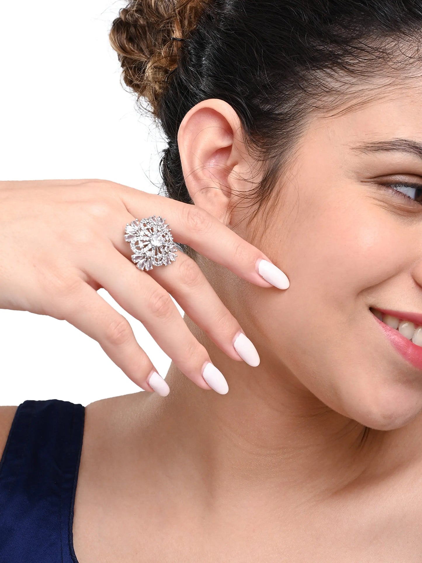 Royal Crystal Studded Floral Ring – Elegant Silver-Tone Finger Ring - DZOIR