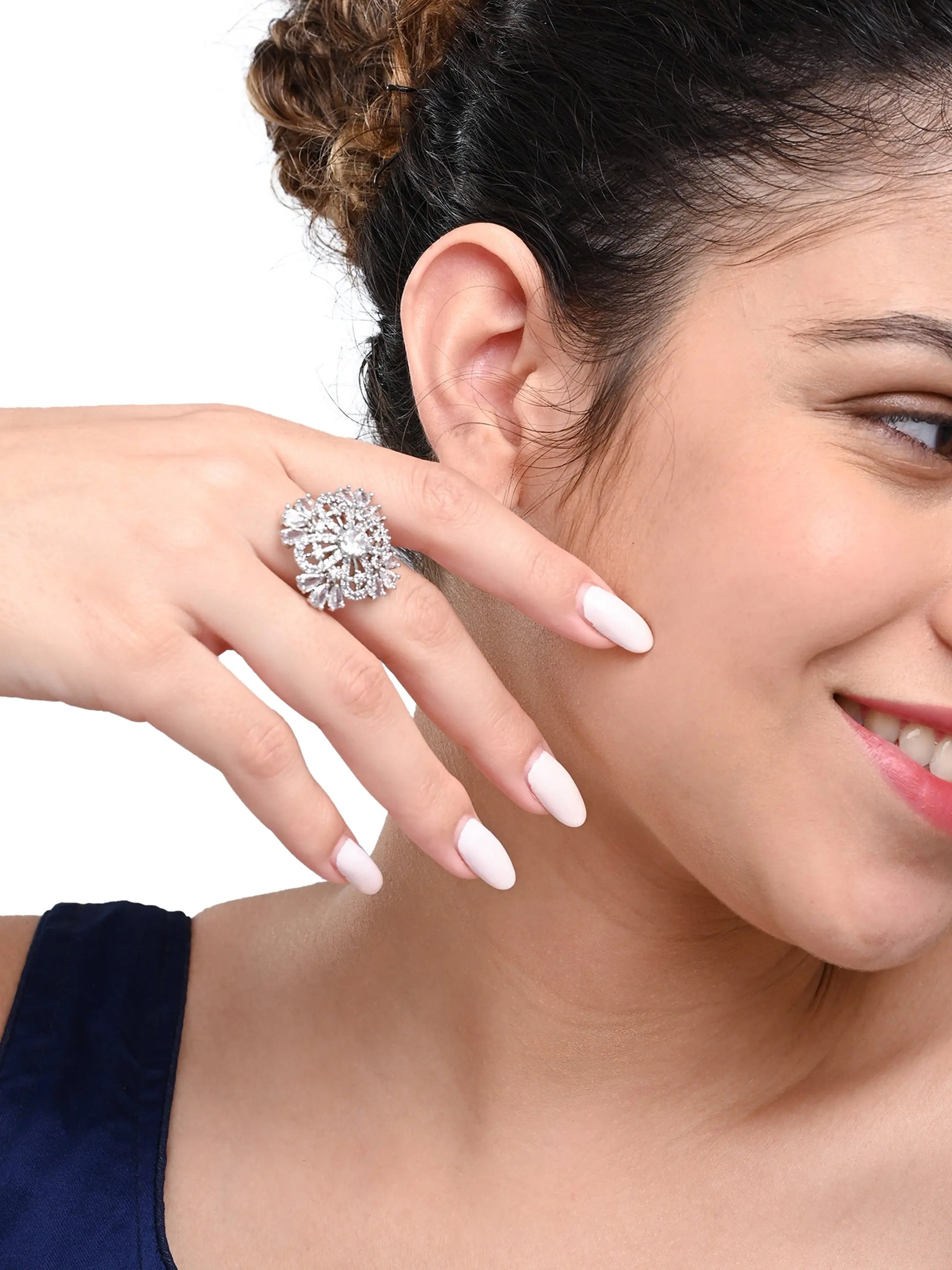 Royal Crystal Studded Floral Ring – Elegant Silver-Tone Finger Ring - DZOIR