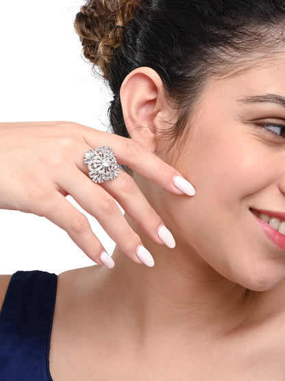 Royal Crystal Studded Floral Ring – Elegant Silver-Tone Finger Ring - DZOIR
