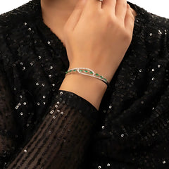Elegant Silver-Tone Bangle with Green Marquise Crystals & Pave Accents - DZOIR