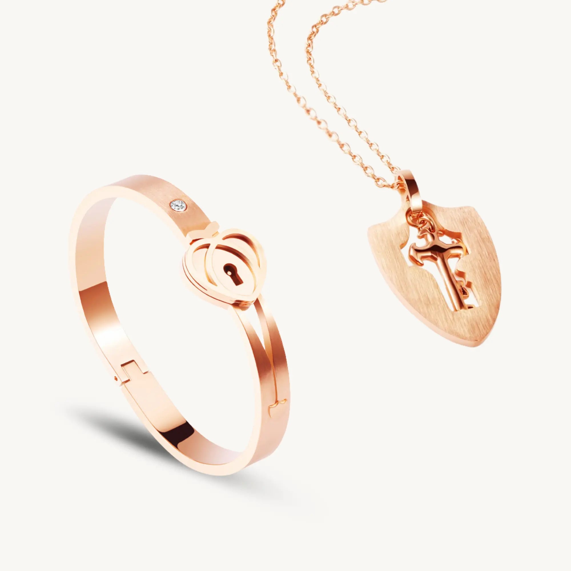 Lock & Key Bracelet and Necklace Set – Rose Gold Matching Jewellery - DZOIR