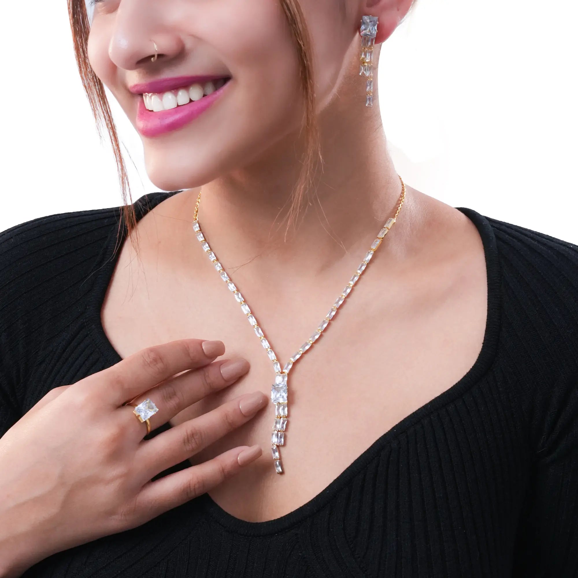 DZOIR Rhinestone Jewellery Set for Women | Gold Plated Necklace, AD Crystal Choker, Elegant Necklace Set with Earrings | Golden Polished Rhinestone Jewelry for Special Occasions - DZOIR