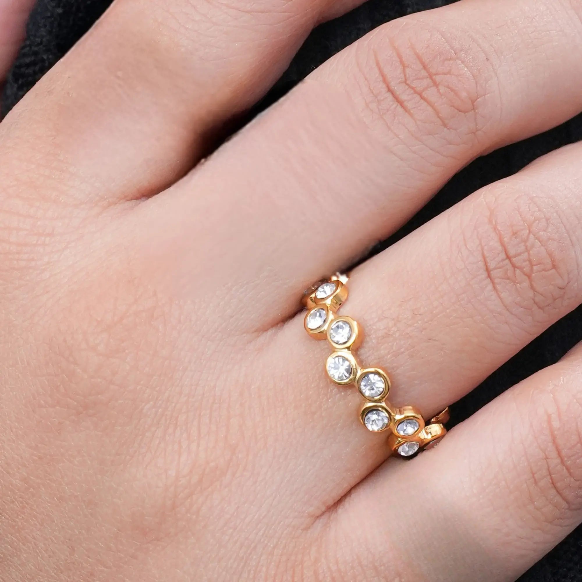Gold Beaded Eternity Ring – Dainty Stacking Band with Sparkling Zircon Stones - DZOIR