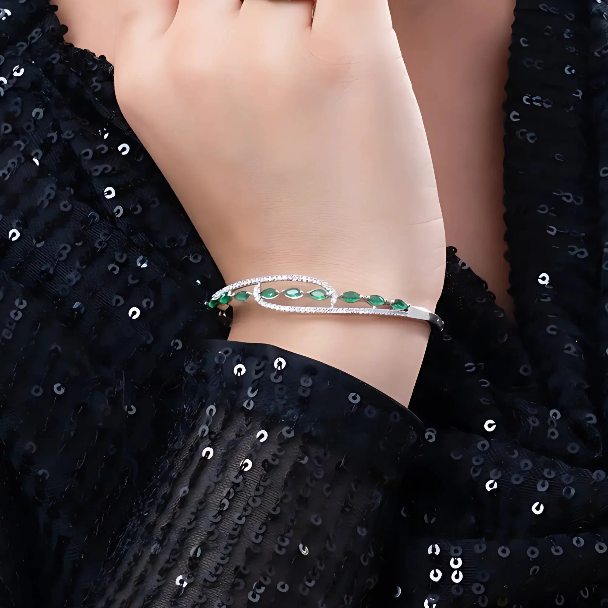 Elegant Silver-Tone Bangle with Green Marquise Crystals & Pave Accents - DZOIR